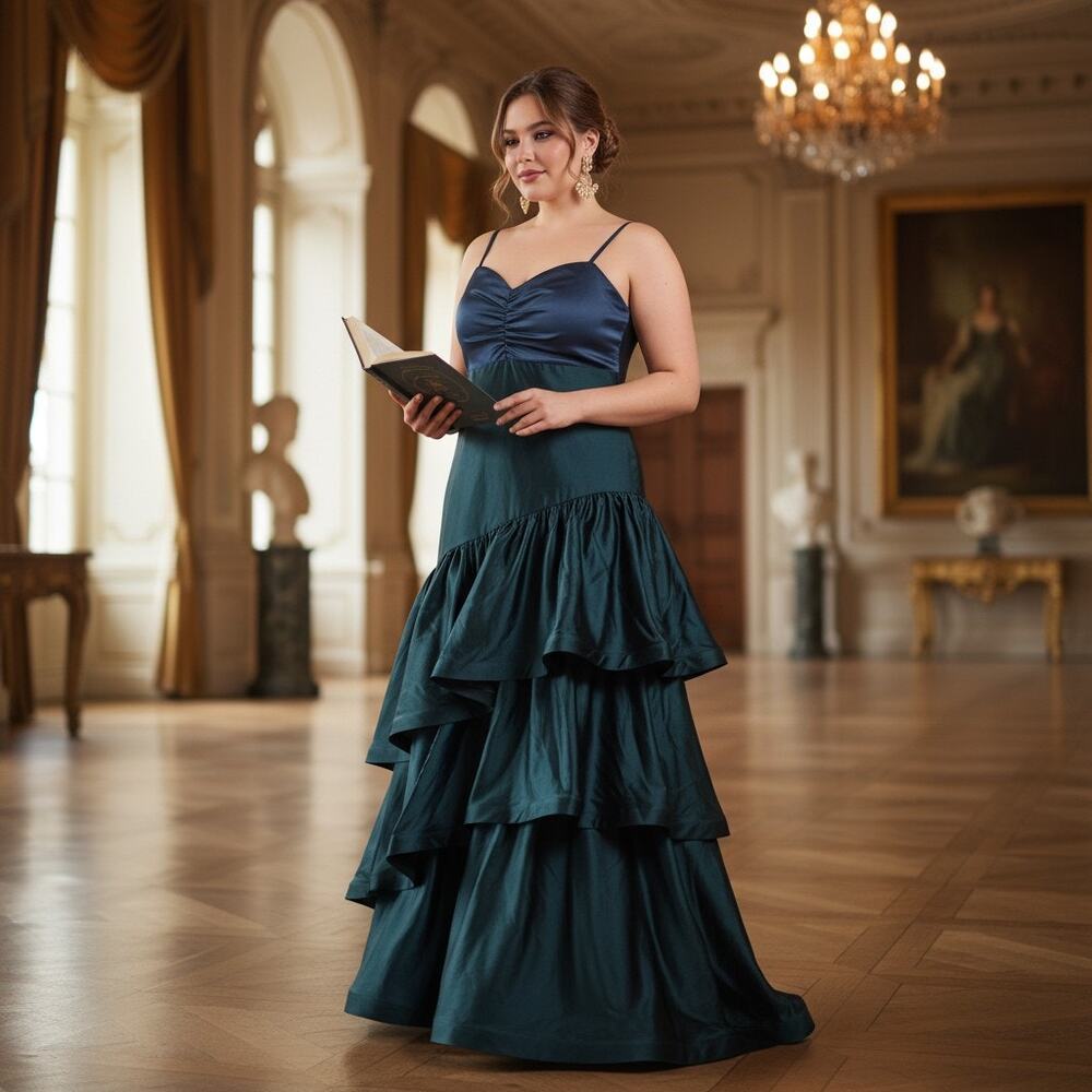 G-21 Dress the Population Dark Emerald Teal Satin Tiered Gown – Size Large – NWT
